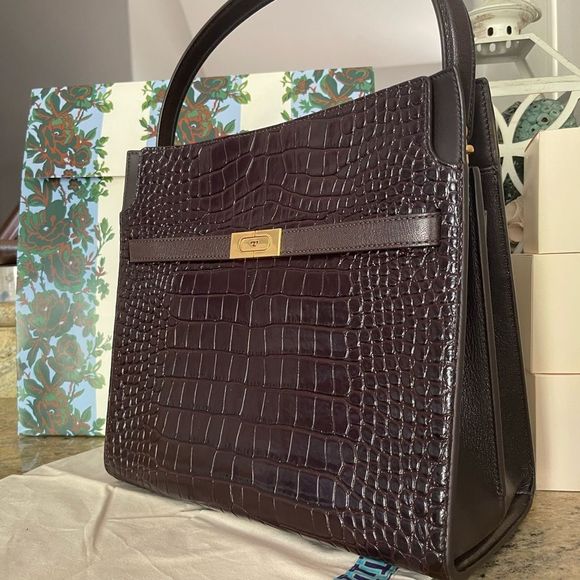 Tory Burch Women's Lee Radziwill Double Bag Handbag Embossed Pumpernickel - Picture 6 of 17